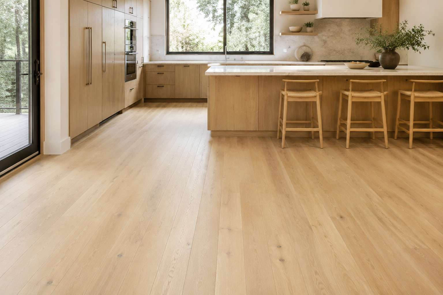 Bright kitchen with light oak flooring