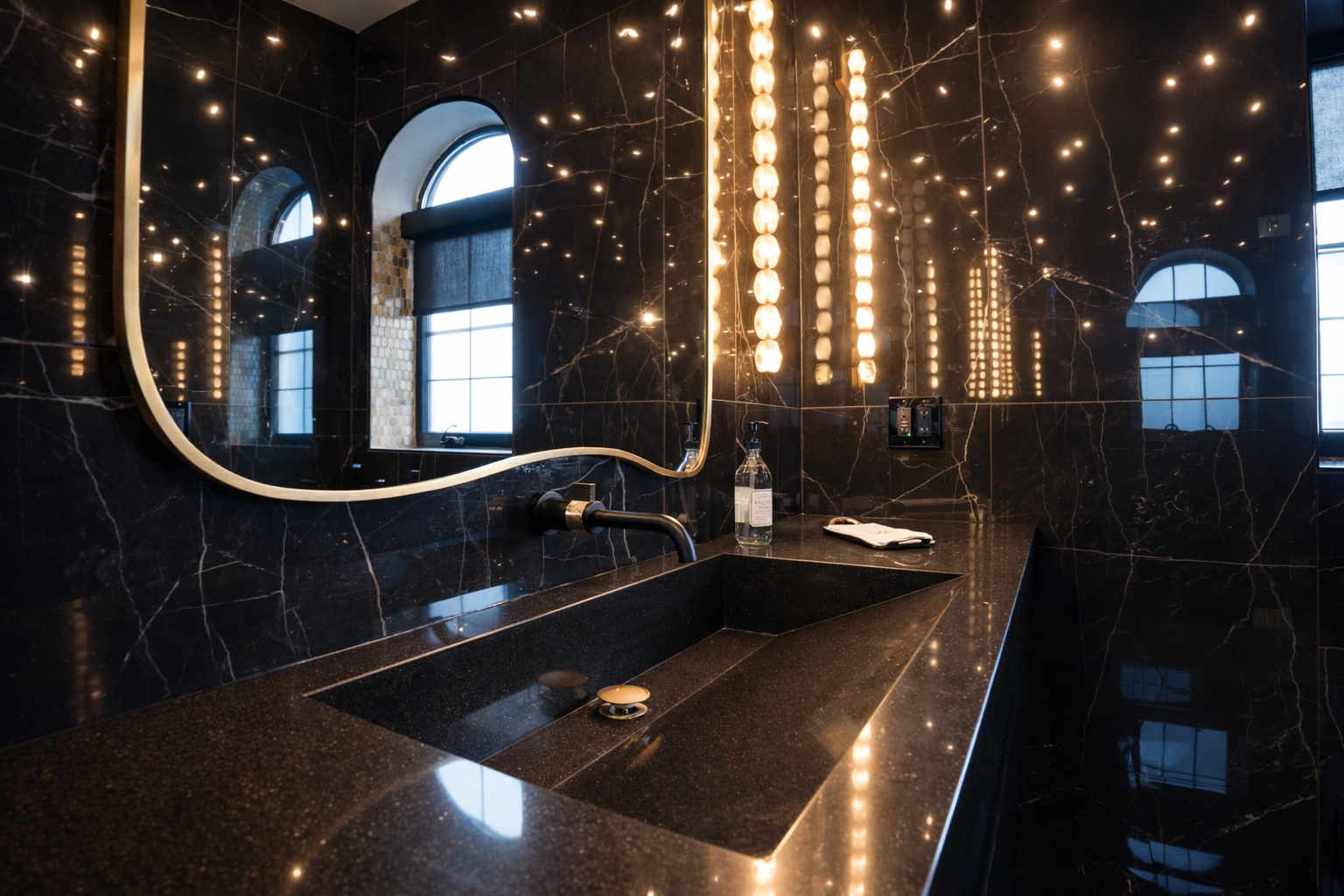 Dark marble bathroom with decorative pendant lights