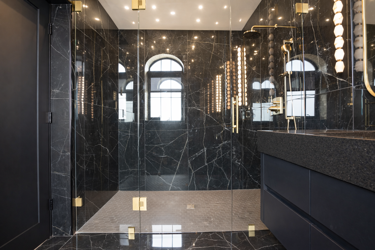 Black marble walk-in shower