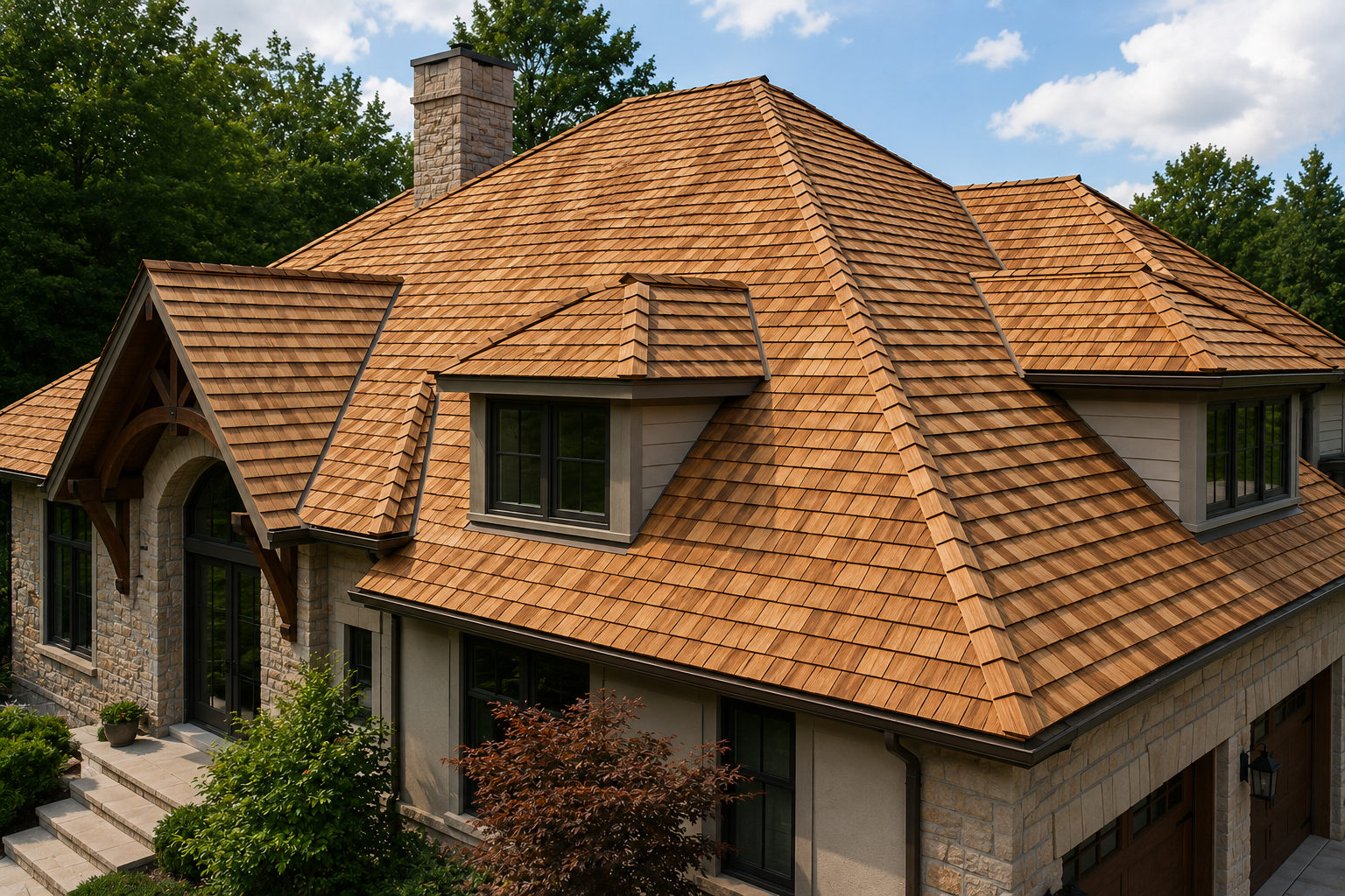 Home with cedar roofing and landscaped surroundings