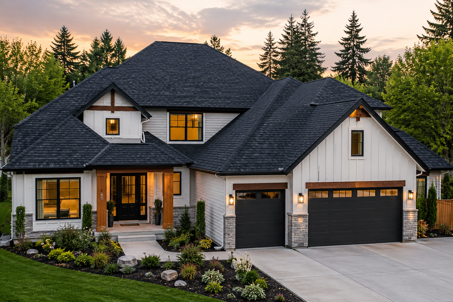 Modern home with a dark pitched roof