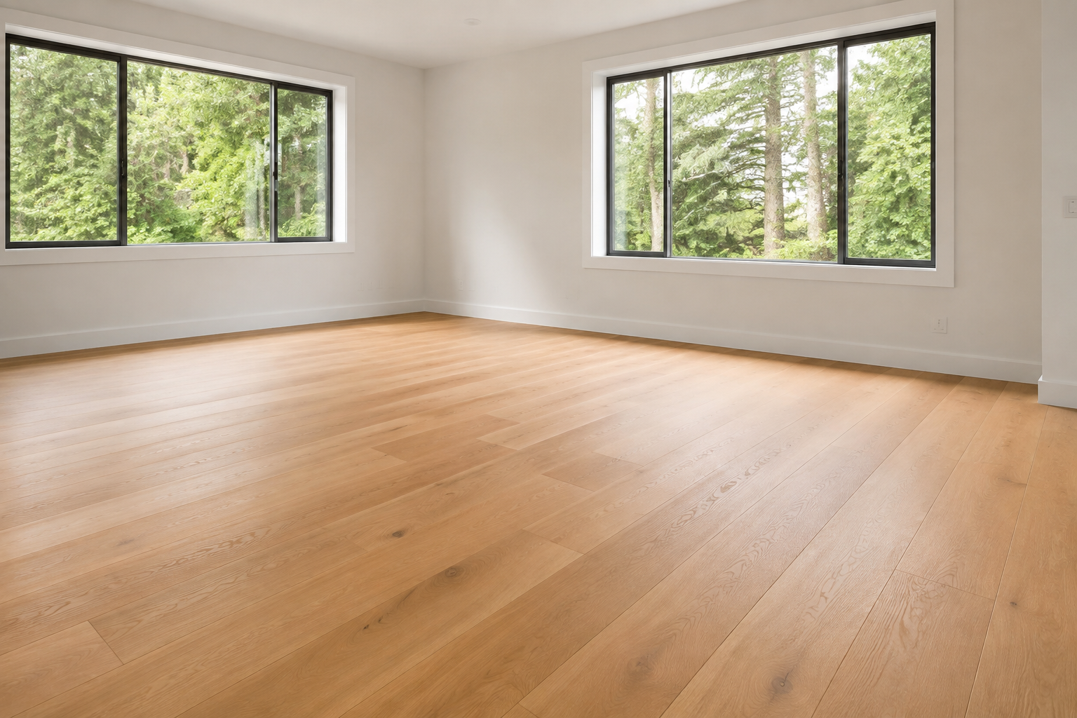 Sunlit room with warm oak flooring
