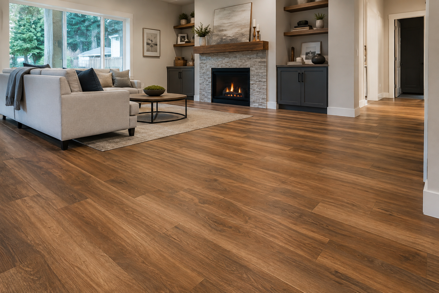 Modern family room with warm wood flooring